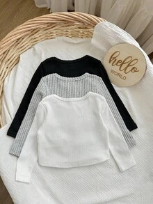SHEIN LMoss Kids Cute Baby Girl Black And White T-Shirt Pack,Casual Holiday Autumn Round Neck Asymmetrical Hem Babydoll Top,Simple Vintage Style Birthday Party Suit - Black - View 5