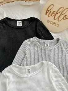 SHEIN LMoss Kids Cute Baby Girl Black And White T-Shirt Pack,Casual Holiday Autumn Round Neck Asymmetrical Hem Babydoll Top,Simple Vintage Style Birthday Party Suit - Black - View 4