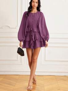 EMERY ROSE Women's Autumn/Winter New Lantern Sleeve Solid Coffee Color Loose Round Neck Versatile Button Layered Ruffle Hem Long Sleeve Flowy Mini Dress - Purple - View 4