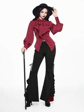 EDITION Gotischer Stil weinrotes Laternenärmel Damen Langarmshirt