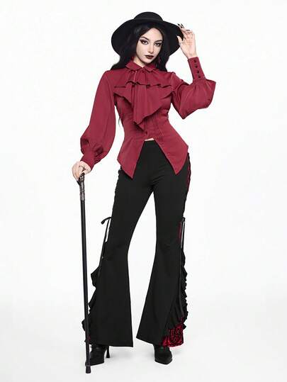 EDITION Chemise à manches longues pour femmes de style gothique, couleur rouge vin