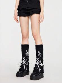 ROMWE Grunge Punk 1 Pair Women's Music Note Symbol Wide Leg Warmers, Suitable For All Seasons - Black - View 2