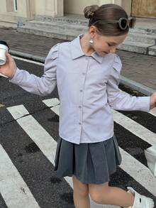 青少年女孩卡其色条纹翻领褶皱宽松长袖衬衫，适合日常通勤 - 卡其色 - 查看 6
