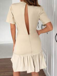 EURMUSE Women's Beige Knot Detailed Pleated Casual Short Dress - Beige - View 2