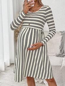 SHEIN 孕妇和哺乳休闲条纹纹理中长连衣裙，秋季 - 杏色 - 查看 6