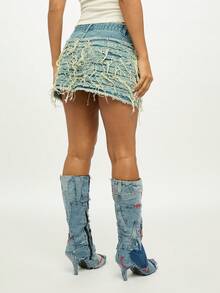 SUMWON WOMEN Distressed Denim Micro Mini Skirt With Extreme Frayed Hem Detail For Festival Summer Street Style - Blue - View 2