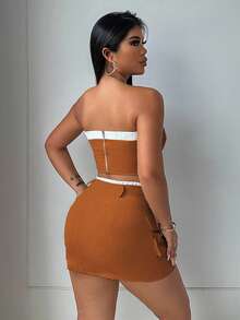 Zolique Women's Contrast Color Cropped Bandeau Top And Utility Midi Skirt Casual 2 Pieces Set