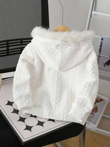 SHEIN Young Girl' Embroidered Decor Hooded Long Sleeve Jacket - White - View 2