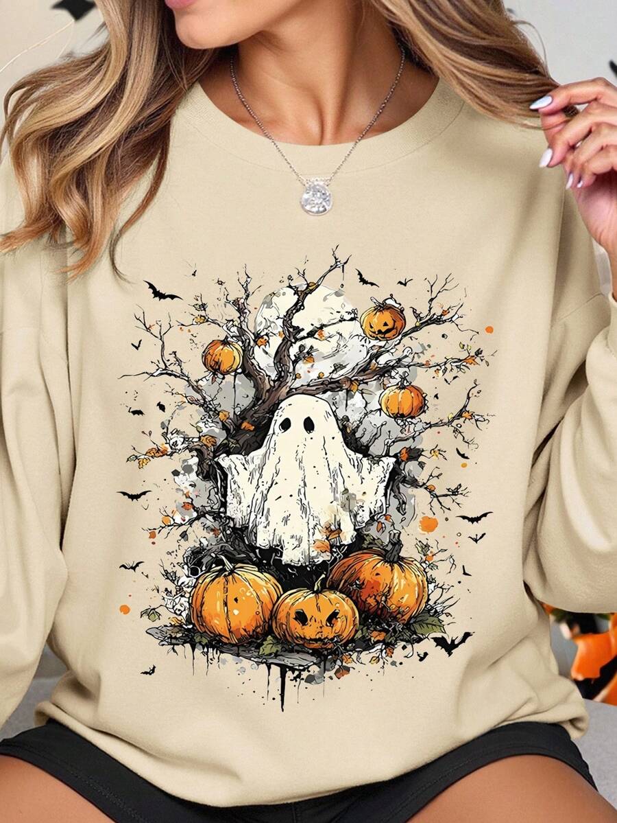 EMERY ROSE Plus Size Women Autumn/Winter Fall Halloween Pumpkin & Ghost Print Sweatshirt Top - Apricot - View 1