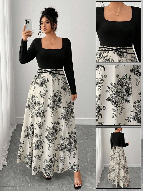 SHEIN Elenzya Plus Size Women's New Elegant Romantic Square Collar Dress, Retro Elegant, Bottom Half Ink Print Patchwork, Women's Elegant Slim Fit Square Collar Long Sleeve Belt Patchwork Chinese Style Print Maxi Dress Fall Cloth For Women