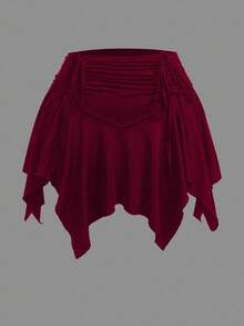 Sweetra Plus Size Elastic Waist Front Drawstring Asymmetrical Hem Skirt Pants - Burgundy - View 3