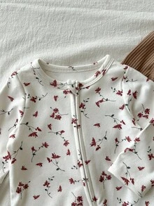 Loomiva Newborn Baby Boy/Girl Floral Print Soft Knit Crew Neck Long Sleeve Jumpsuit 2 Pieces Cute Zippered Multicolor Polyester Set Fall Winter - Multicolor - View 6