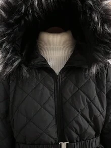 SHEIN 青少年女孩休闲简约舒适连帽收腰厚夹克，秋冬 - 黑色 - 查看 3
