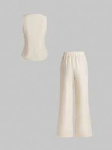 SHEIN LUNE Elegant Business Suit 2 Pieces Set: Vest And Pants - Apricot - View 2