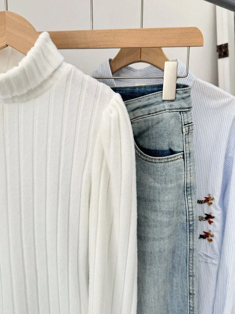 SHEIN חולצת טי עם שרוולים ארוכים וצווארון גולף מבד מצולע לבן אחיד לבנות, לבוש יומיומי קז'ואל, תואם לאמא ואני, סתיו שיקי - לבן - ראה 8