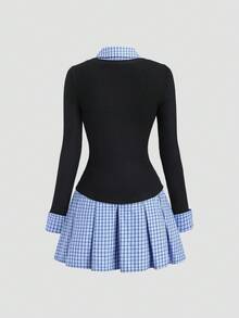 Sweetra 秋季学院风格子衬衫领拼接女式短款连衣裙 - 黑色 - 查看 2