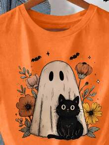 SHEIN LUNE Kaos Wanita Lengan Pendek Longgar Berkerah Bulat dengan Motif Halloween - Jeruk - View 3