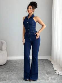 Selianne 女式性感时尚露背挂脖单排扣修身牛仔喇叭连体裤，夏季