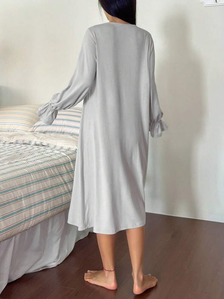 Frill Lace Trim Ruched Design Mid-Length Women Nightgown, Fall Warm Sleep Dress
