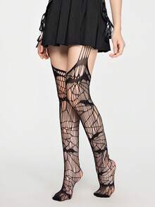 ROMWE Grunge Punk 1 Pair Gothic Style Dark Black Bat Fishnet Socks - Black - View 4