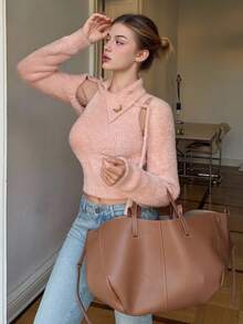 DAZY Conjunto feminino de malha com gola assimétrica, botão de metal e decoração de borboleta, rosa, colete e cardigan, casual e chique, outono/inverno - Rosa - Ver 9