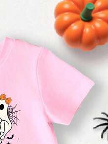 SHEIN Baby Girl Casual Minimalist Fashion Halloween Pumpkin Bow Graphic Short Sleeve Round Neck T-Shirt, Suitable For Summer - Pink - View 4