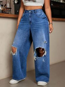 SHEIN Cottnline Plus Size Casual Washed Distressed High Waist Jeans - Medium Wash - View 5