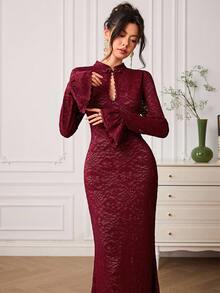EastFlair 女士纽扣装饰花卉蕾丝喇叭袖修身连衣裙，优雅 - 酒紅色 - 查看 5