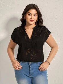 Comfylo Plus Size Cut-Out Sheer Short Sleeve Casual Top Summer Vacation Woman Easter Rave Festival Boho Women Country Women Country Concert Spring For Women Summer Western Wear Women Blouse - Black - View 8