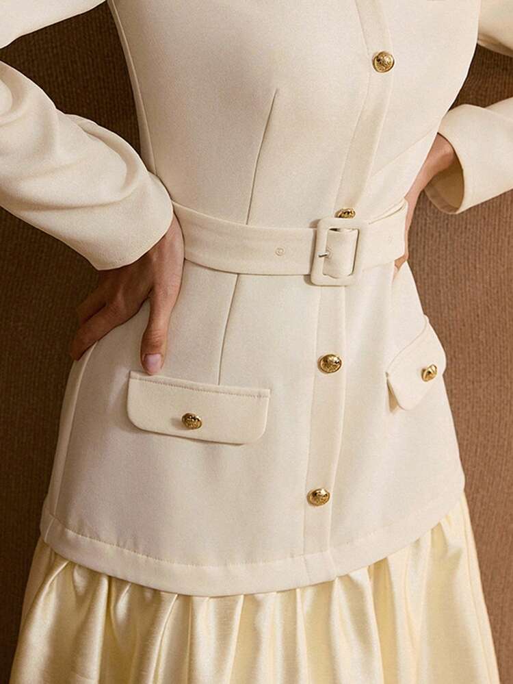 FLAP DETAIL FLOWY HEM 2 IN 1 BUCKLE BELTED DRESS