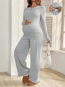 SHEIN 秋冬季两件套孕妇休闲纯色长袖上衣和裤子套装孕妇装孕妇装孕妇两件套孕妇装两件套孕妇装 - 灰色 - 查看 1
