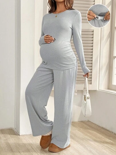 SHEIN 秋冬季两件套孕妇休闲纯色长袖上衣和裤子套装孕妇装孕妇装孕妇两件套孕妇装两件套孕妇装