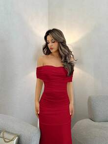 Jemour 女士优雅露肩褶饰腰网眼长裙，适合婚礼、正式活动女士正式派对礼服 - 紅色 - 查看 5