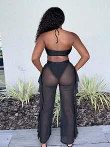 Alexandranx Đi Biển Mùa Hè Mono Bikini Bộ Crisscross Dây Áo Ngực Không Dây Top & Cổ Cao Bikini & Lưới Che Quần 3 Miếng Bikini - màu đen - Xem 2