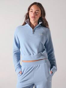 Menodora SHEIN Sport Women's Letter Embroidered Zip-Up Polo Collar Raglan Sleeve Casual Top - Dusty Blue - View 2