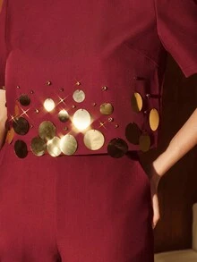 Anewsta Women's Party Sequin Beaded Regular-Shoulder Short Sleeve Crop Top - Burgundy - View 6