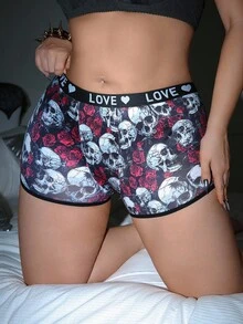 AltCore 1 szt. Damskie bokserki w dużych rozmiarach z nadrukiem czaszki, bokserki na Halloween dla kobiet, bokserki damskie, bokserki z nadrukiem czaszki