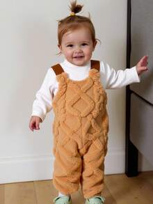 SHEIN 2pcs Baby Girl 2025 Autumn/Winter Long Sleeve Knitted Pure White Sweater + Khaki Fleece Jumpsuit Set - Khaki - View 7