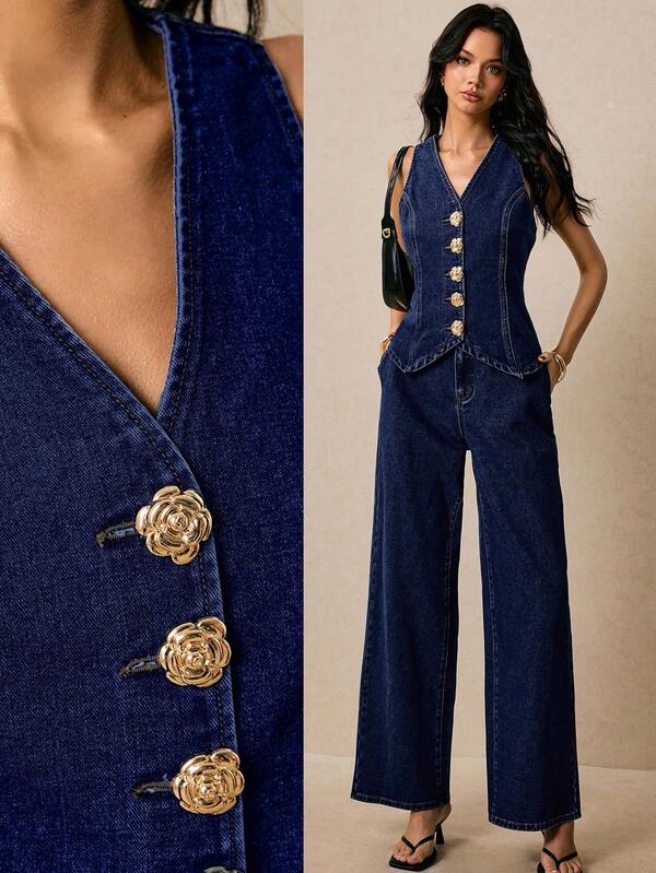 Poéselle Women's Denim Sets Denim Vest And Jeans Metal Button Decoration Women's Two Pieces Set Casual Daily Set Women's Denim Single-Breasted Vest And Baggy Women Jeans Fashion Suit Two Pieces Outfits Women Sets Two Pieces Country Concert Outfit Concert Women Outfit Streetwear Women Denim Outfit Festival Set