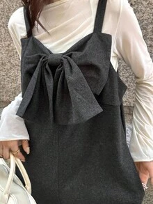 FRIFUL Combinaison gris foncé unicolore pour femmes avec décoration de nœud à l'avant, jambe droite, combinaison longue polyvalente et décontractée, automne - Gris - Voir 2