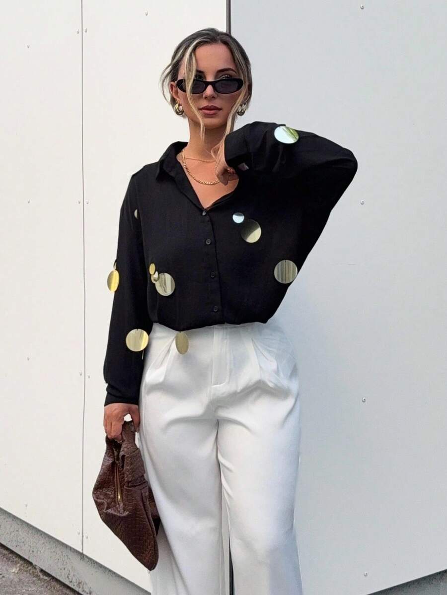 Jeta Ari Handmade Silver Sequin Decorated Versatile Chiffon Blouse, Spring Outfits For Women