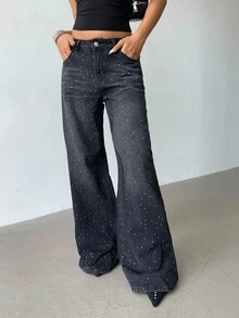 Aloruh Retro Sexy Slim Fit Washed Rhinestone Embellished Wide Leg Jeans Jeans Glittersparkle Jeansrhinestone Jeans, Fall Women Clothes - Black - View 5