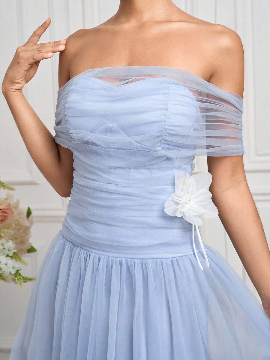 Poshira Vestido formal de verano elegante de mujer con bloqueo de color, decoración floral y volantes de malla