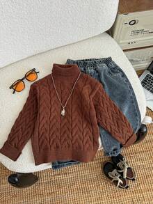 SHEIN Young Boys' Brown Heathered Knit Pullover Sweater, Casual Comfortable Thick Warm High Neck, Versatile For Back To School, Autumn/Winter Fall