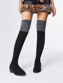 ROMWE Fairycore 女式黑色弹力一脚蹬高筒靴，低跟及膝马靴 - 灰色 - 查看 2