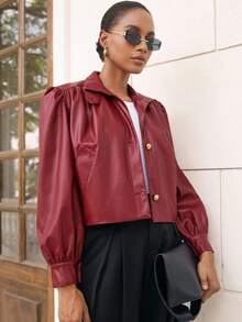 Aveloria Modichic Asymmetrical Metal Buckle Wide Straight Silhouette PU Solid Color Commuter Chic Jacket - Red - View 3