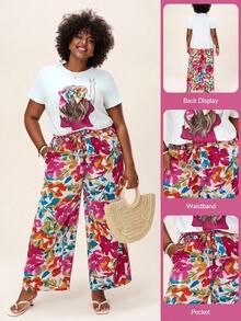 Comfylo Plus Size 2pcs Short Sleeve Bow Decor T-Shirt With Colorblock And Elastic Waist Loose-Fit Straight-Leg Allover Print Pants, For Summer,Holiday Outfits Boho Fall Clothes For Women Fall Outfits Women