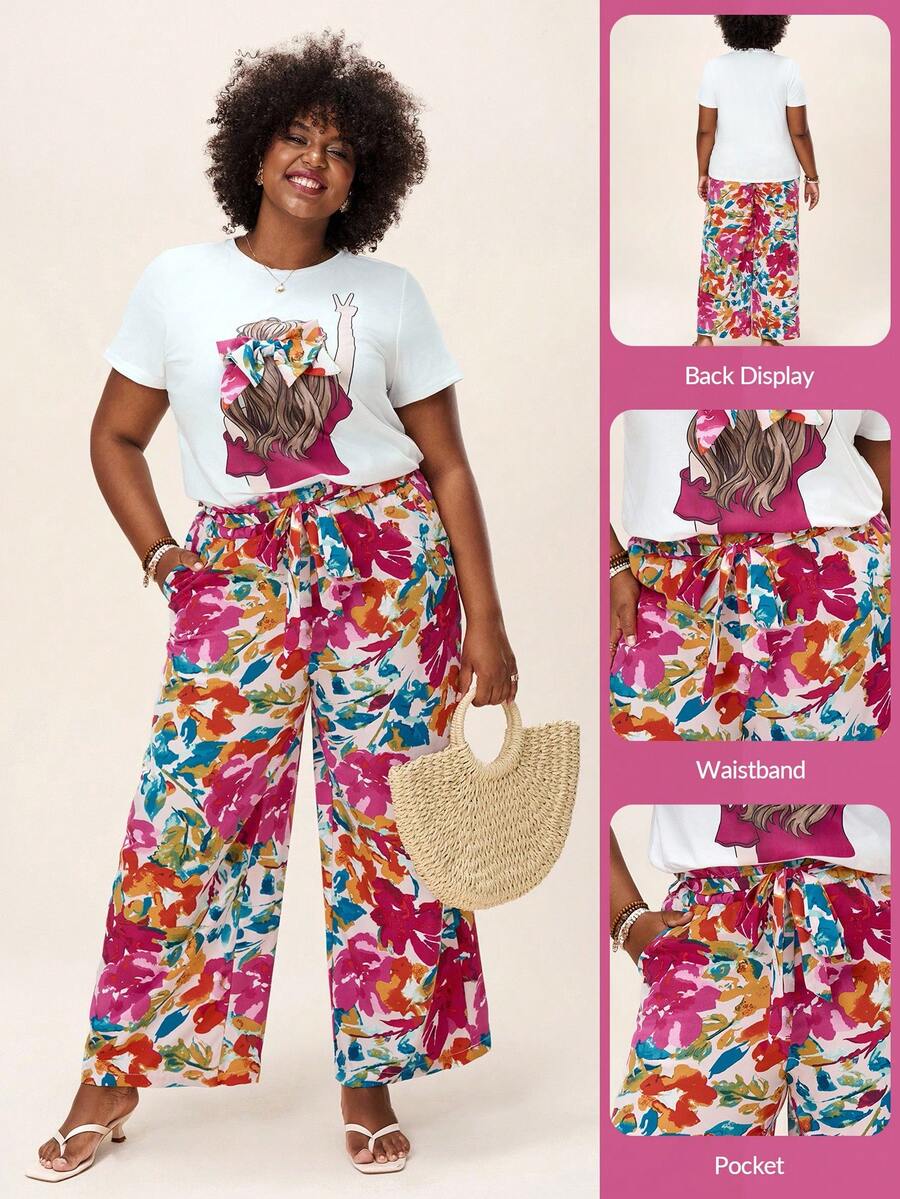 Comfylo Plus Size 2pcs Short Sleeve Bow Decor T-Shirt With Colorblock And Elastic Waist Loose-Fit Straight-Leg Allover Print Pants, For Summer,Holiday Outfits Boho Fall Clothes For Women Fall Outfits Women