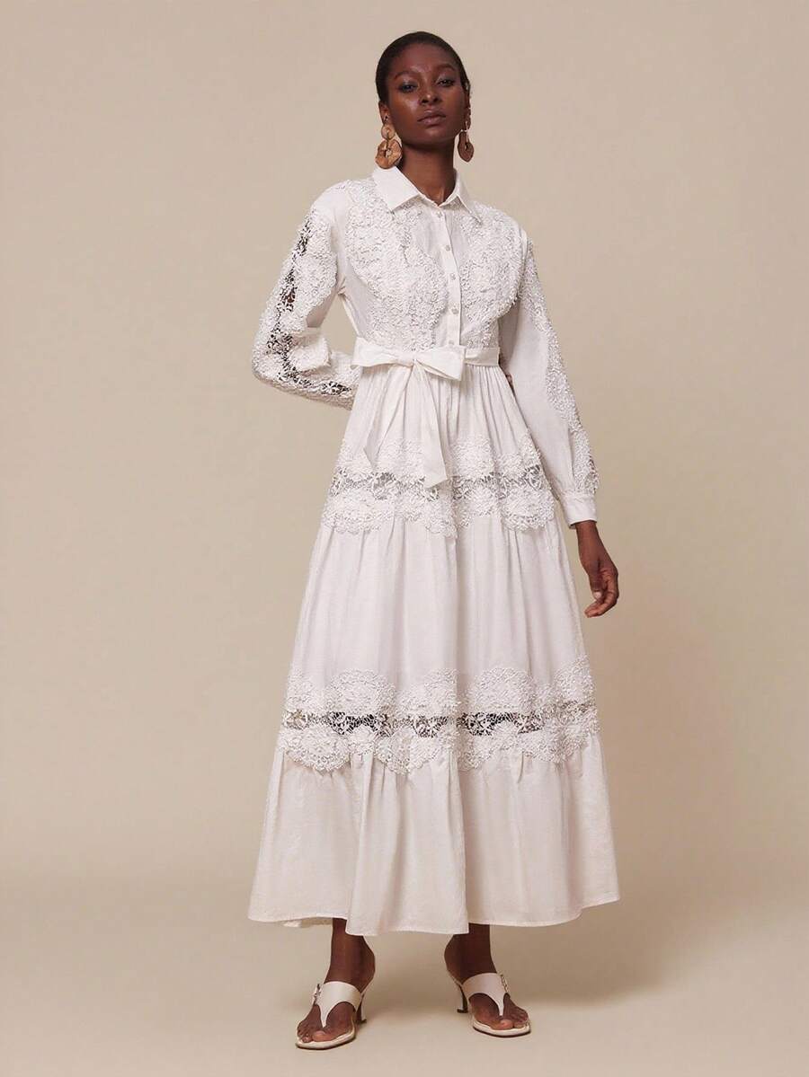 SHEIN Privé 女士撞色蕾丝领长裙