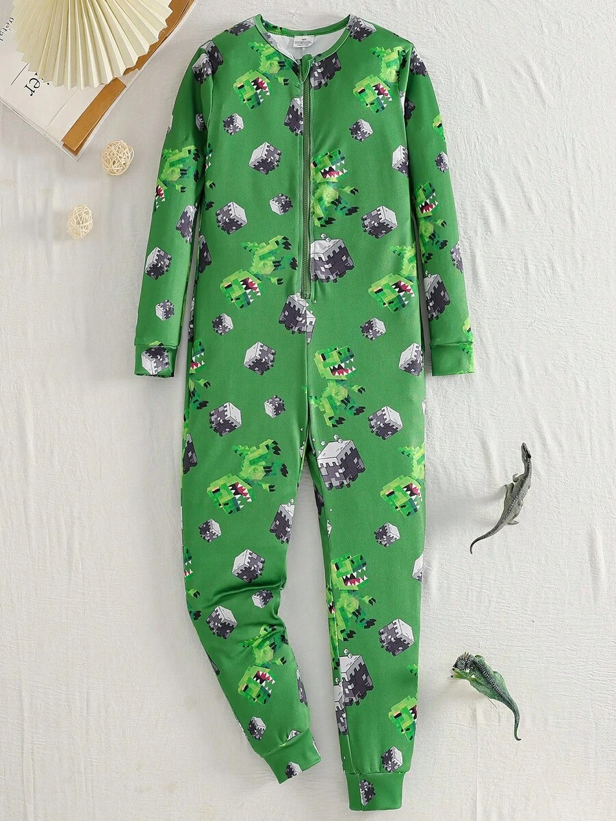 Big Boy Robot Graphic Knit Hooded Long Sleeve Jumpsuit, Zipper Closure, Casual & Versatile, Autumn/Winter - Green - View 1